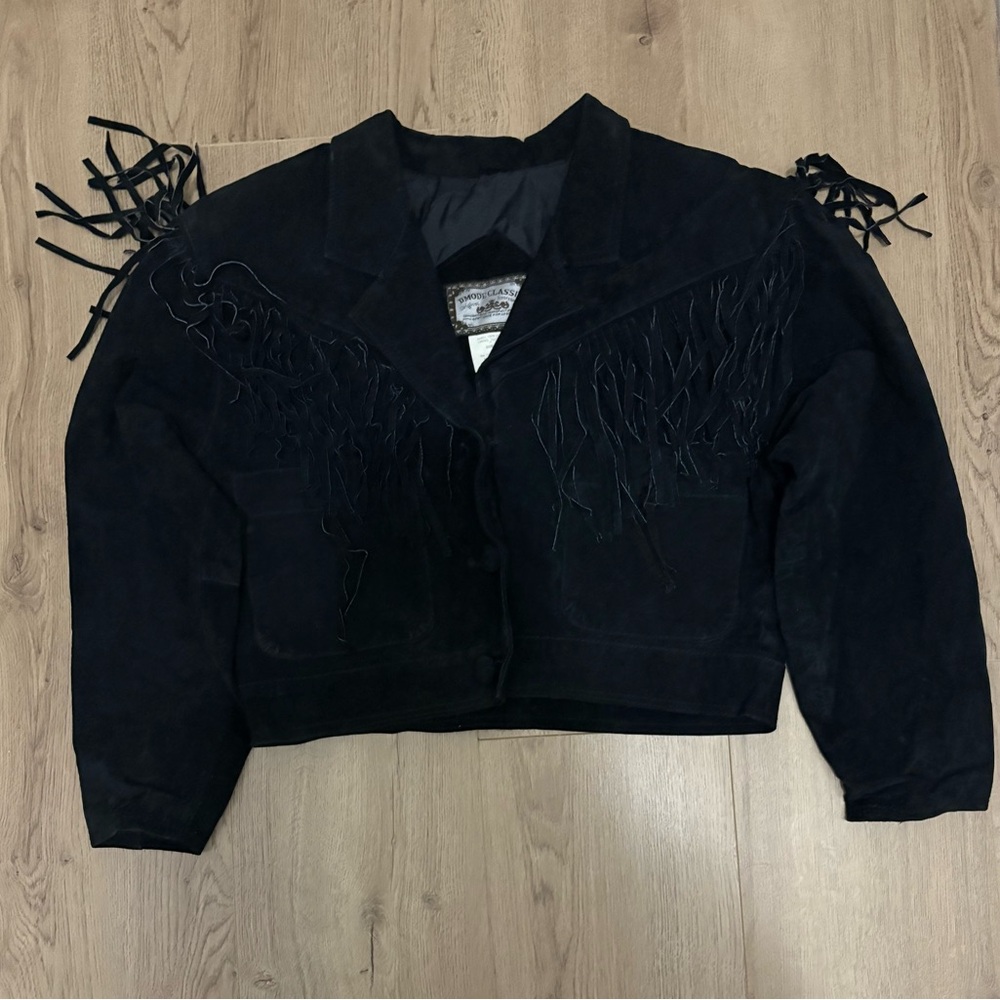 VINTAGE D’Mode Classix Cropped Suede Fringe Jacket black Leather medium